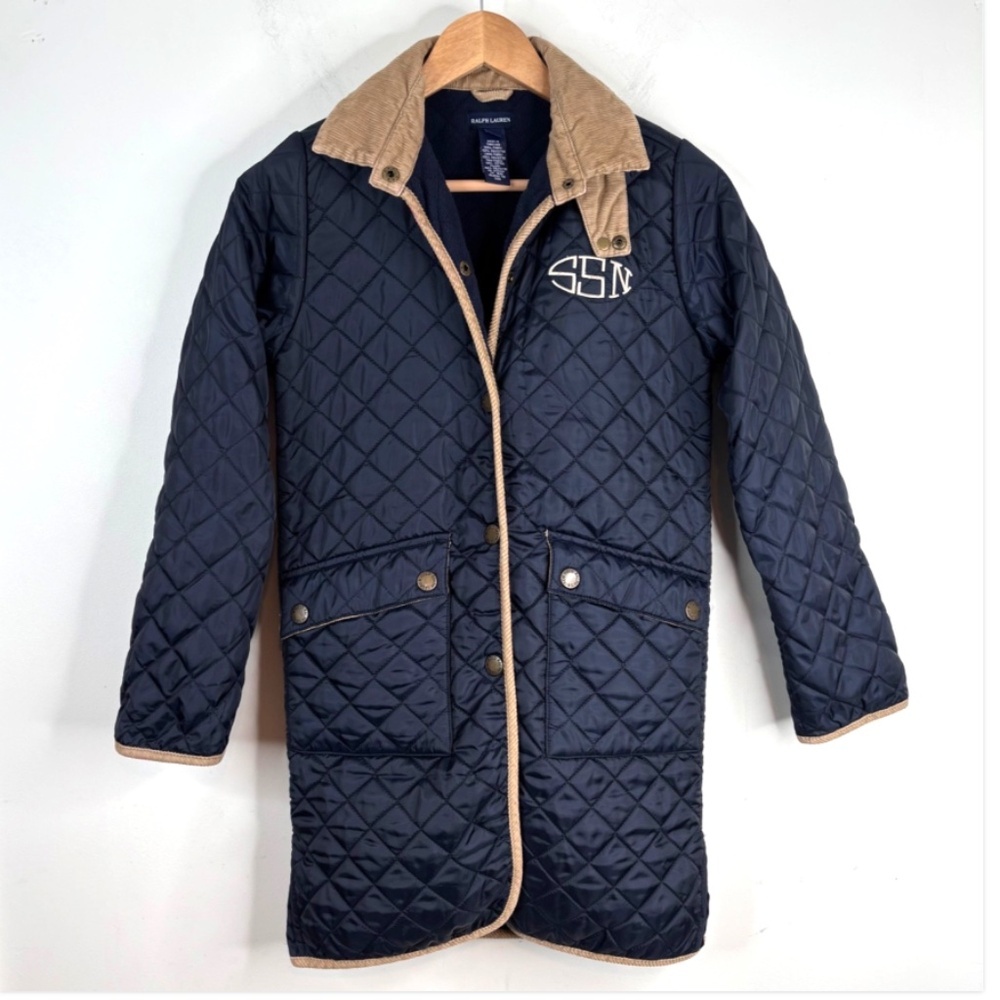 Ralph Lauren Quilted Barn Coat Girls M Navy Corduroy Collar Snap Equestrian READ